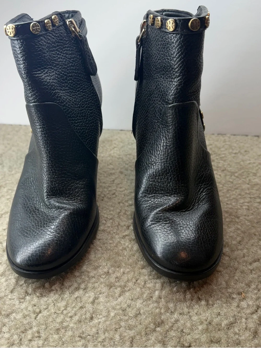Tory Burch Black Pebbled Leather Studded Ankle Boots  5M